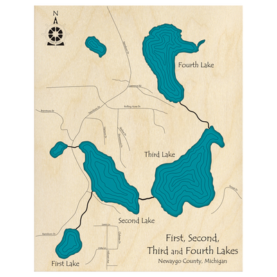 Bathymetric topo map of First Second Third and Fourth Lakes, MI with roads, towns and depths noted in blue water.