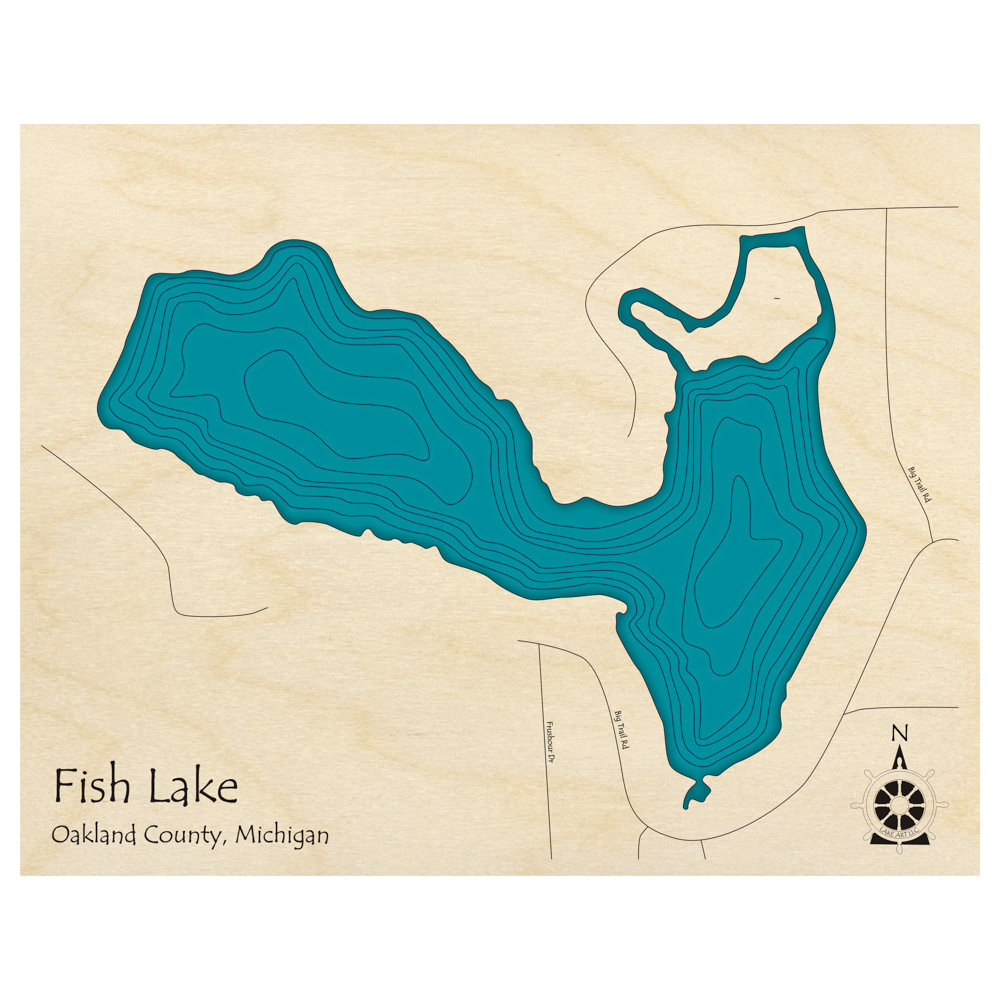 Bathymetric topo map of Fish Lake, MI with roads, towns and depths noted in blue water.