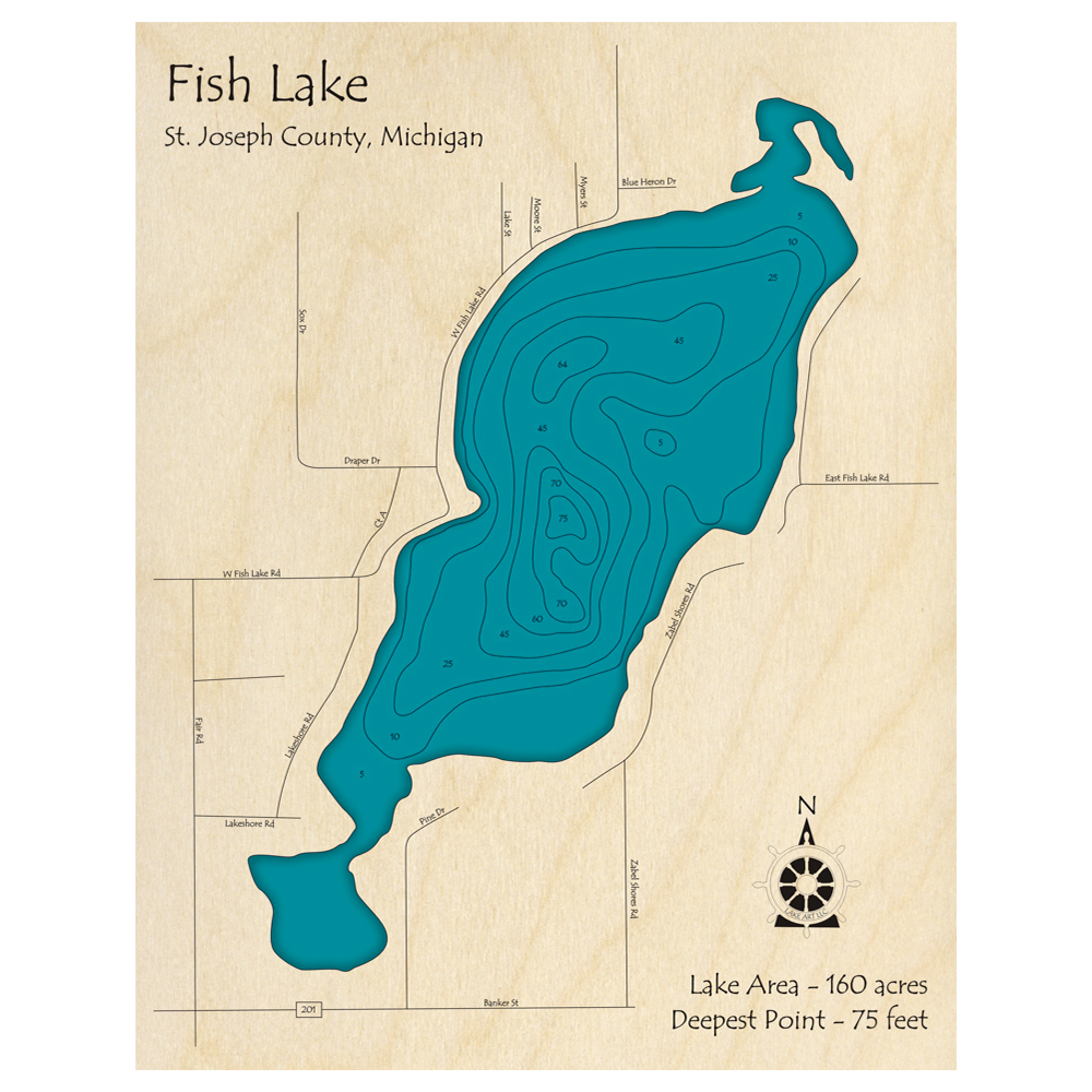 Bathymetric topo map of Fish Lake, MI with roads, towns and depths noted in blue water.
