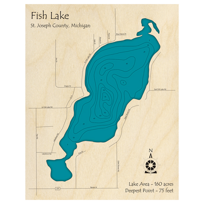 Bathymetric topo map of Fish Lake, MI with roads, towns and depths noted in blue water.