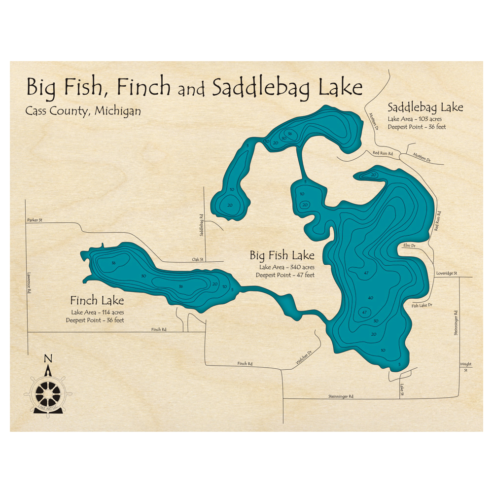 Bathymetric topo map of Fish Lake, MI with roads, towns and depths noted in blue water.