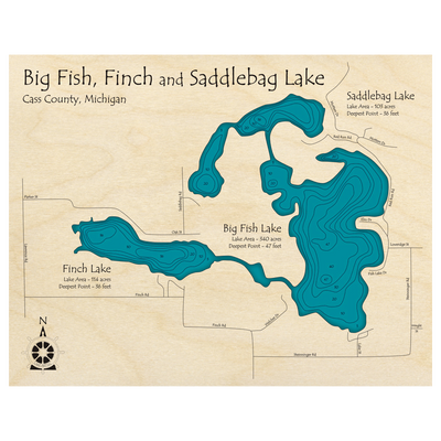 Bathymetric topo map of Fish Lake, MI with roads, towns and depths noted in blue water.
