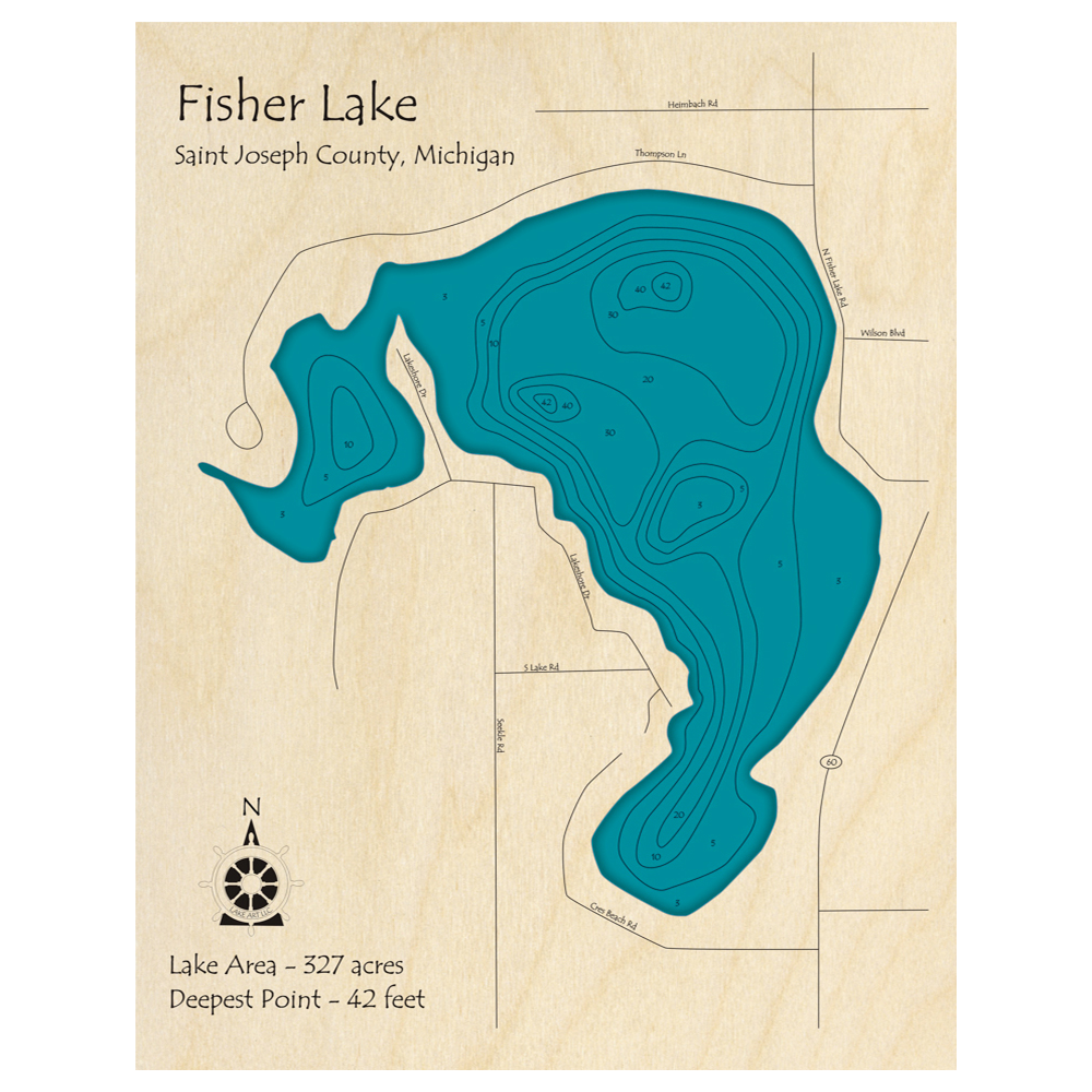 Bathymetric topo map of Fisher Lake, MI with roads, towns and depths noted in blue water.