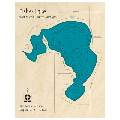 Bathymetric topo map of Fisher Lake, MI with roads, towns and depths noted in blue water.