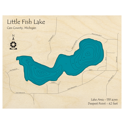 Bathymetric topo map of Little Fish Lake, MI with roads, towns and depths noted in blue water.