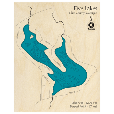 Bathymetric topo map of Five Lakes, MI with roads, towns and depths noted in blue water.