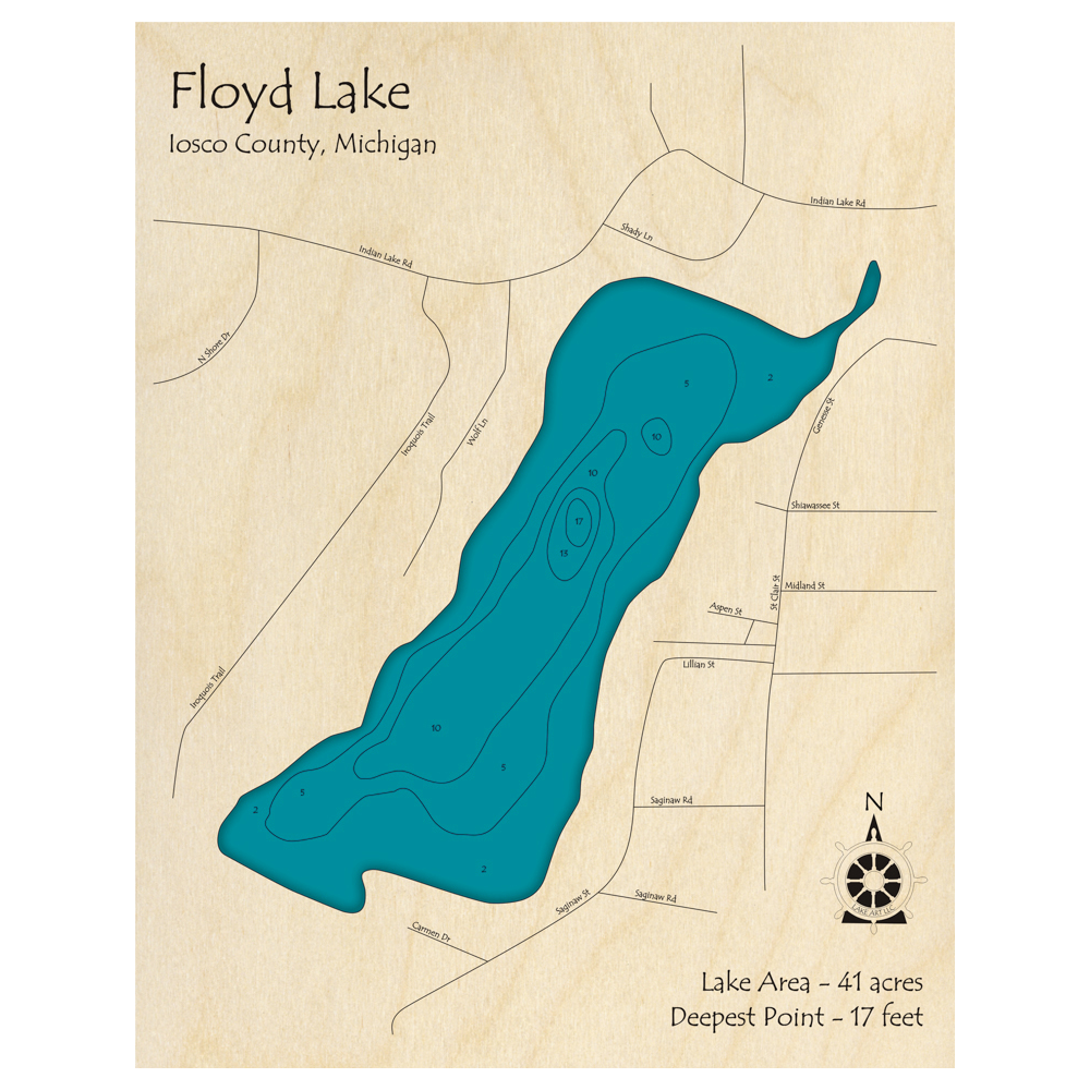 Bathymetric topo map of Floyd Lake, MI with roads, towns and depths noted in blue water.
