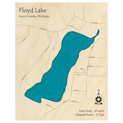 Bathymetric topo map of Floyd Lake, MI with roads, towns and depths noted in blue water.