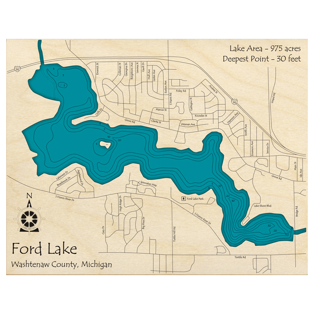 Bathymetric topo map of Ford Lake, MI with roads, towns and depths noted in blue water.