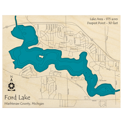 Bathymetric topo map of Ford Lake, MI with roads, towns and depths noted in blue water.