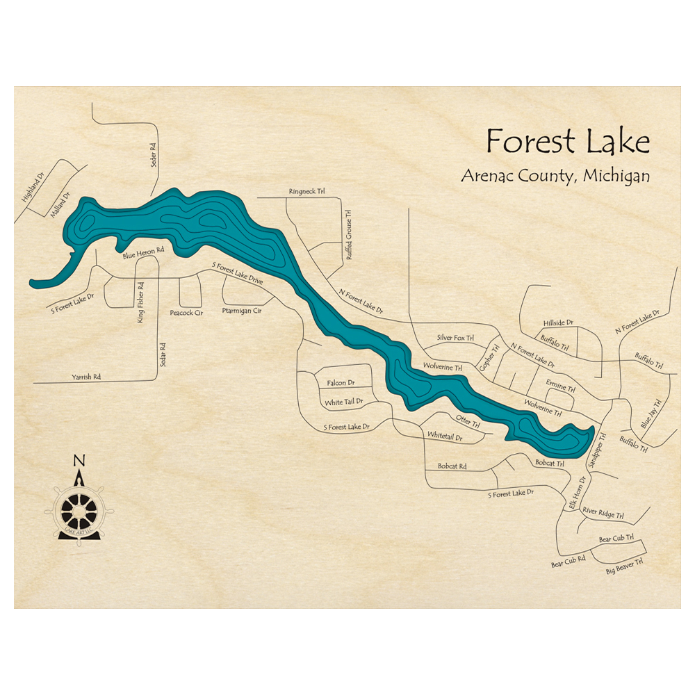 Bathymetric topo map of Forest Lake, MI with roads, towns and depths noted in blue water.