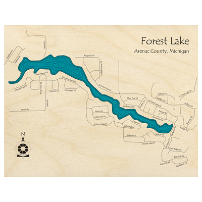 Bathymetric topo map of Forest Lake, MI with roads, towns and depths noted in blue water.
