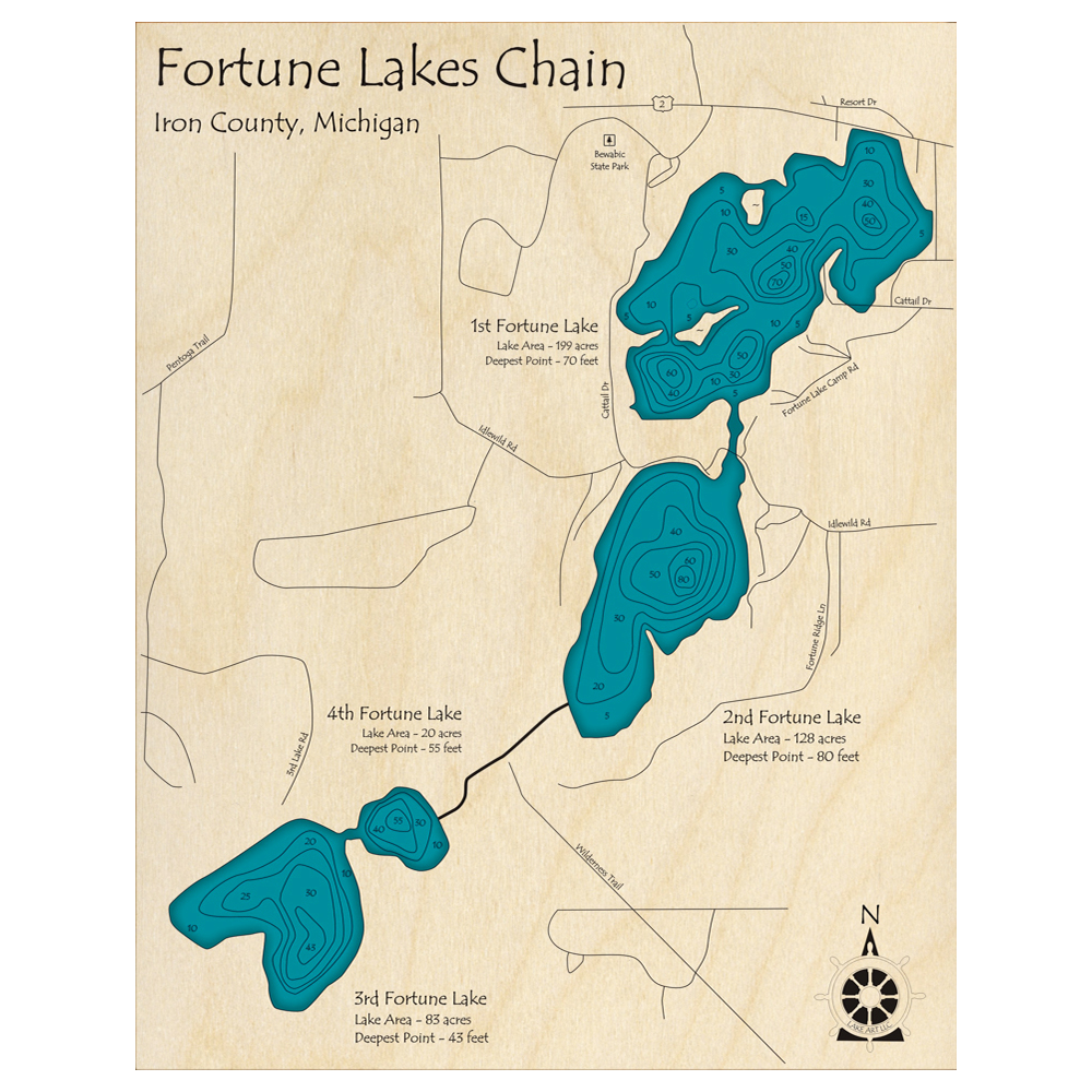 Bathymetric topo map of Fortune Lakes Chain, MI with roads, towns and depths noted in blue water.