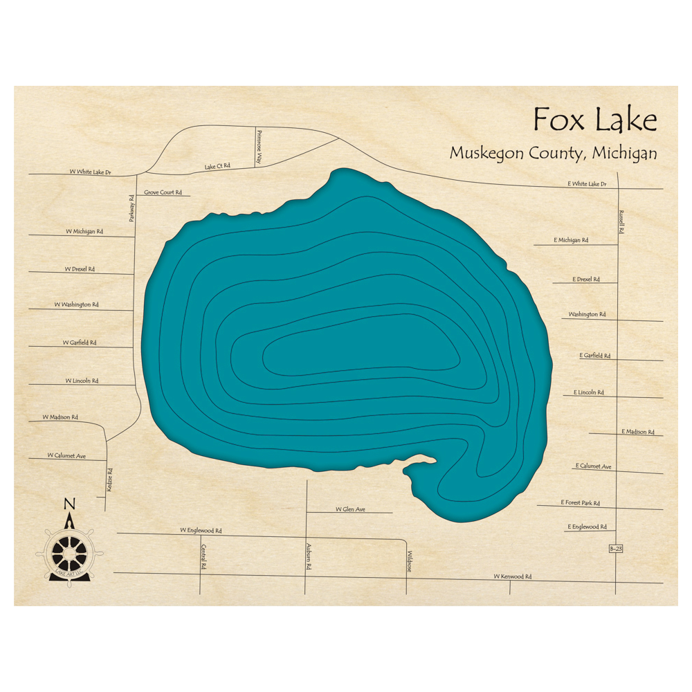 Bathymetric topo map of Fox Lake, MI with roads, towns and depths noted in blue water.