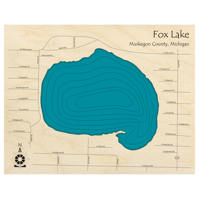 Bathymetric topo map of Fox Lake, MI with roads, towns and depths noted in blue water.