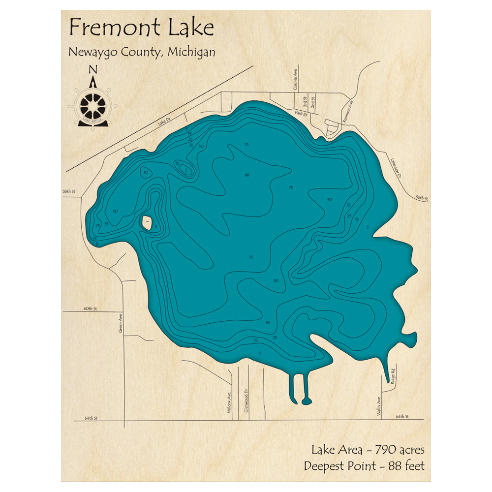 Bathymetric topo map of Fremont Lake, MI with roads, towns and depths noted in blue water.