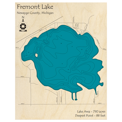 Bathymetric topo map of Fremont Lake, MI with roads, towns and depths noted in blue water.