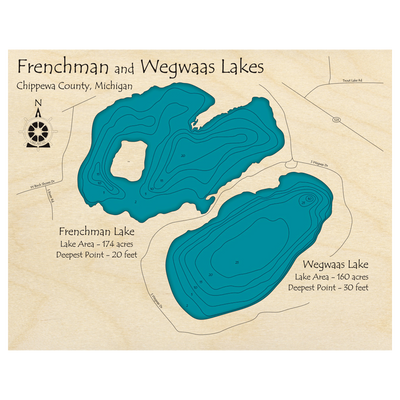 Bathymetric topo map of Frenchman and Wegwaas Lakes, MI with roads, towns and depths noted in blue water.