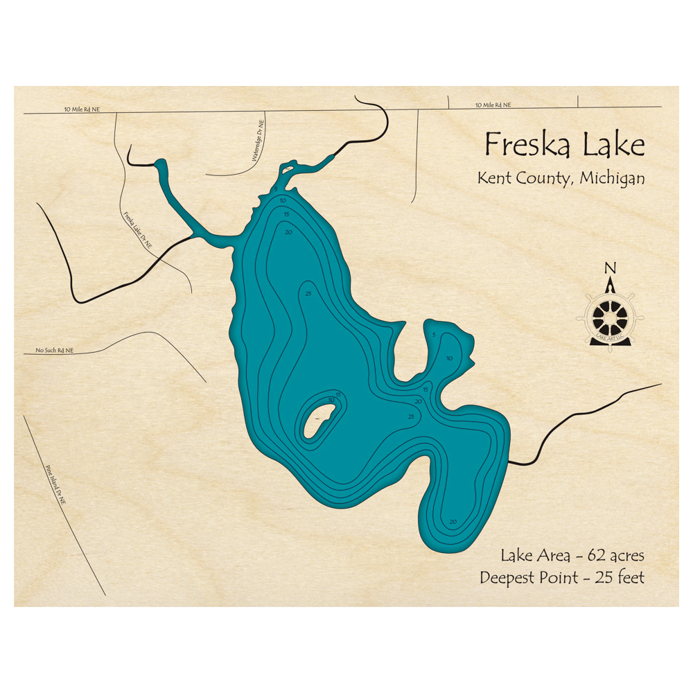 Bathymetric topo map of Freska Lake, MI with roads, towns and depths noted in blue water.