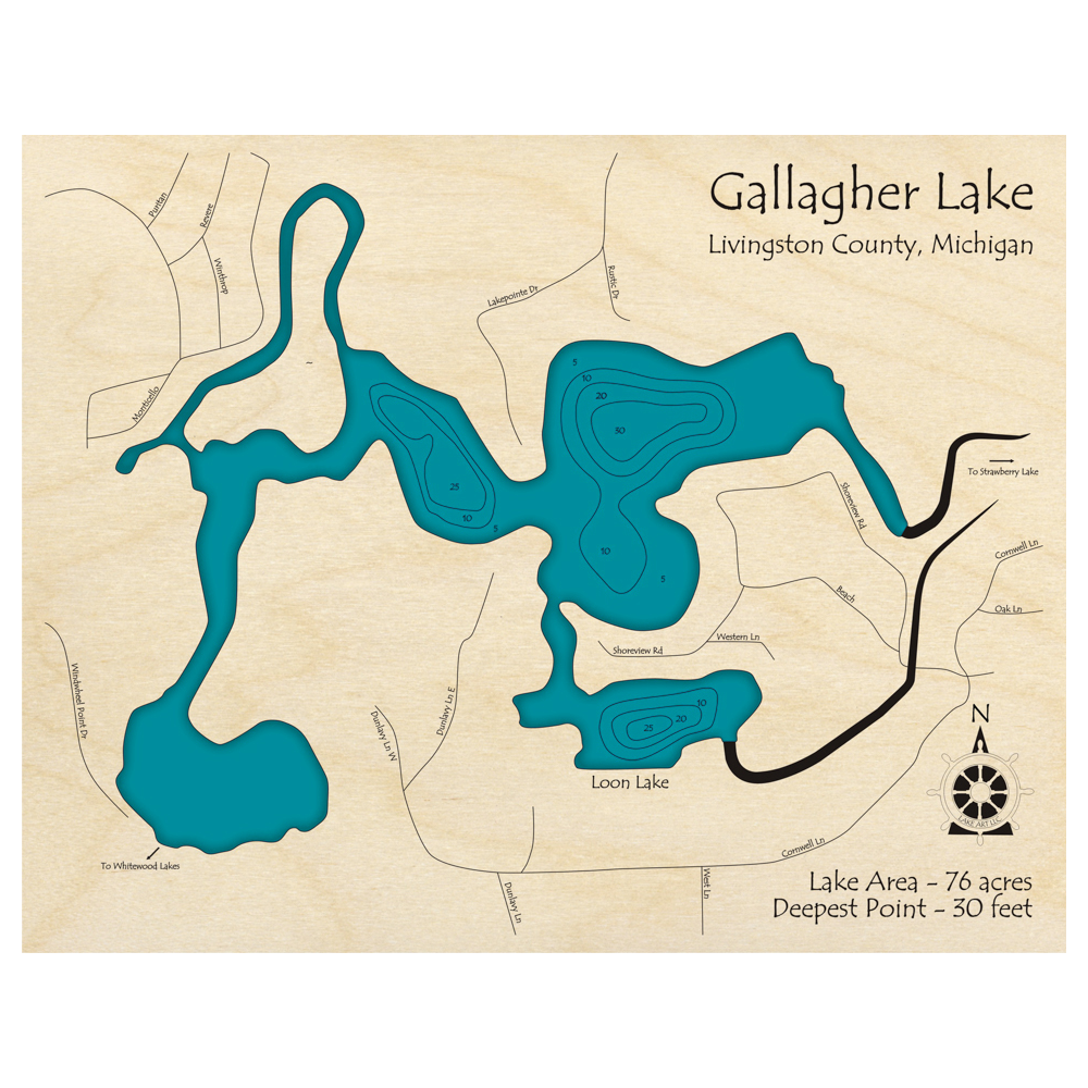 Bathymetric topo map of Gallagher Lake, MI with roads, towns and depths noted in blue water.