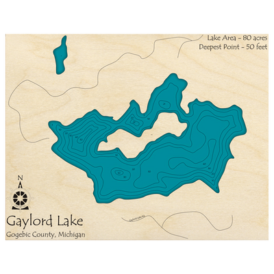 Bathymetric topo map of Gaylord Lake, MI with roads, towns and depths noted in blue water.