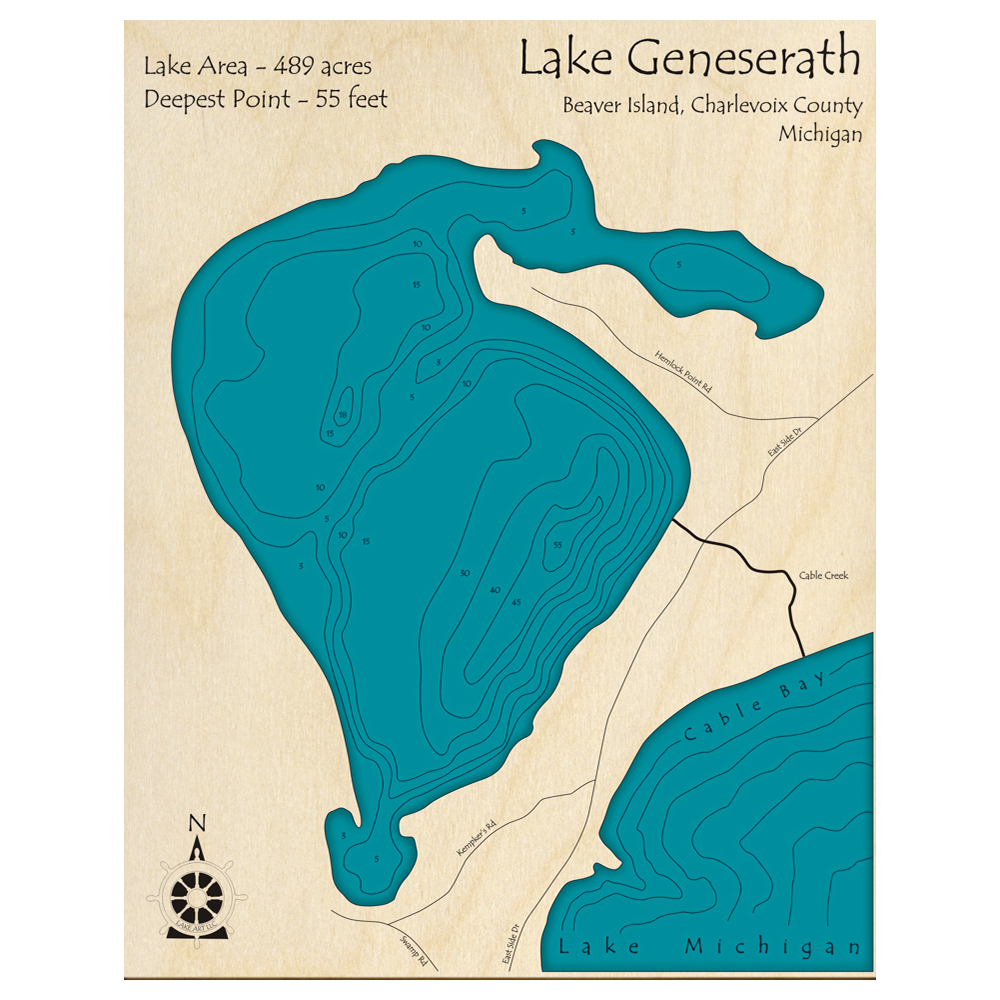 Bathymetric topo map of Lake Geneserath - Beaver Island, MI with roads, towns and depths noted in blue water.