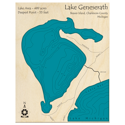 Bathymetric topo map of Lake Geneserath - Beaver Island, MI with roads, towns and depths noted in blue water.