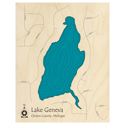 Bathymetric topo map of Lake Geneva, MI with roads, towns and depths noted in blue water.