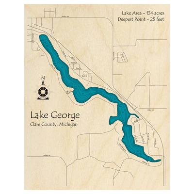 Bathymetric topo map of Lake George, MI with roads, towns and depths noted in blue water.