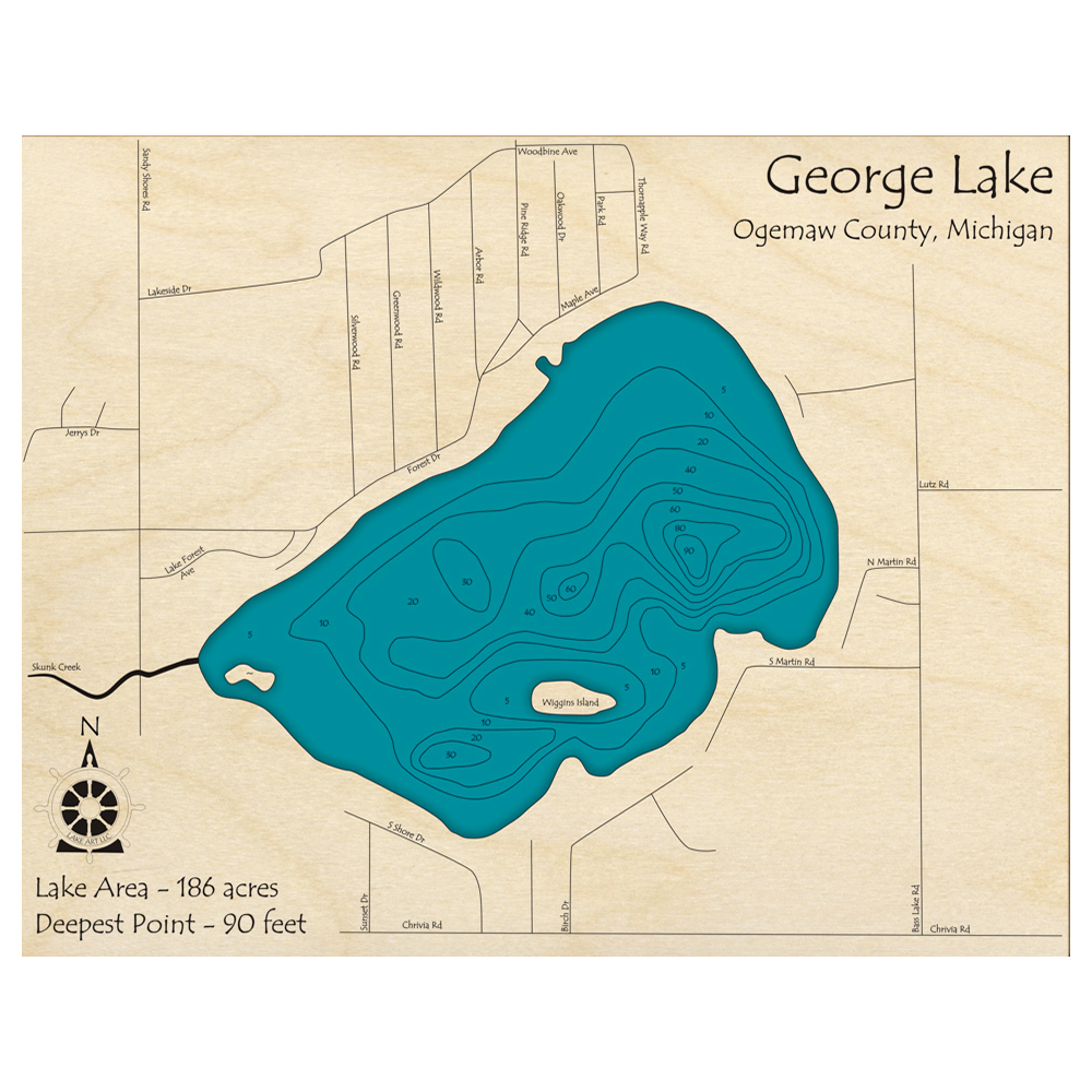 Bathymetric topo map of George Lake, MI with roads, towns and depths noted in blue water.