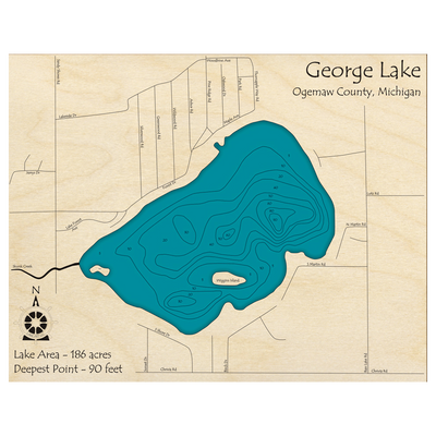 Bathymetric topo map of George Lake, MI with roads, towns and depths noted in blue water.