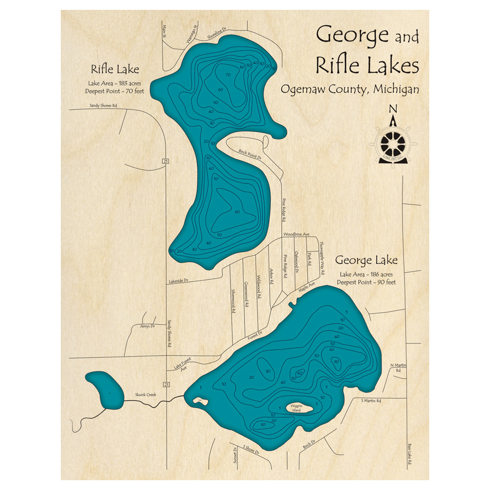 Bathymetric topo map of George and Rifle Lakes, MI with roads, towns and depths noted in blue water.