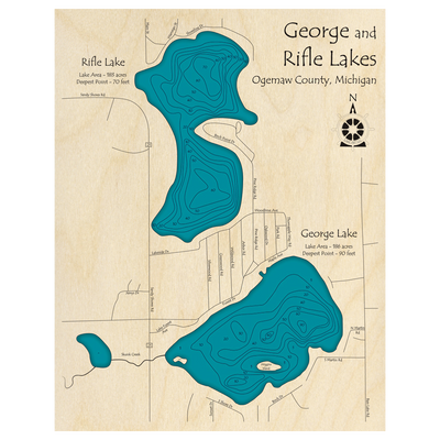 Bathymetric topo map of George and Rifle Lakes, MI with roads, towns and depths noted in blue water.