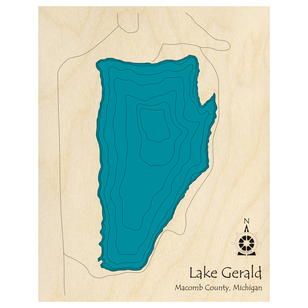 Bathymetric topo map of Lake Gerald, MI with roads, towns and depths noted in blue water.