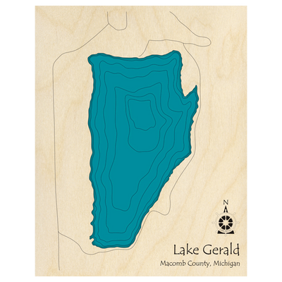 Bathymetric topo map of Lake Gerald, MI with roads, towns and depths noted in blue water.