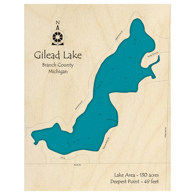 Bathymetric topo map of Gilead Lake, MI with roads, towns and depths noted in blue water.