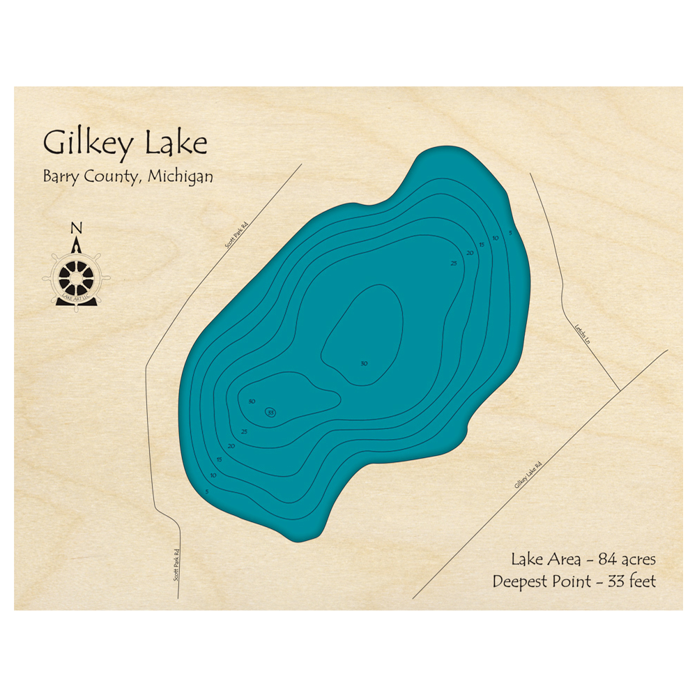 Bathymetric topo map of Gilkey Lake, MI with roads, towns and depths noted in blue water.
