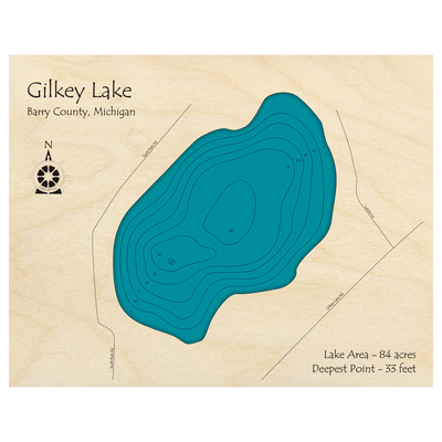 Bathymetric topo map of Gilkey Lake, MI with roads, towns and depths noted in blue water.