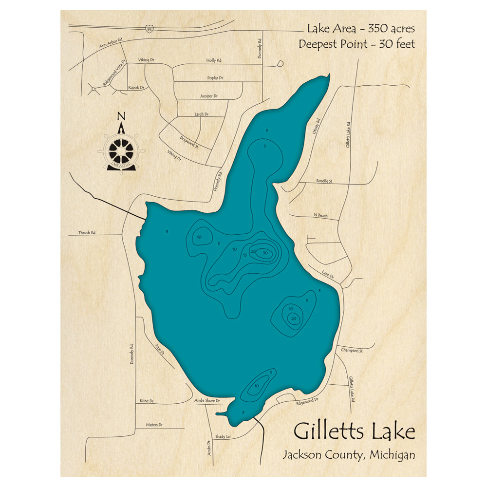 Bathymetric topo map of Gilletts Lake, MI with roads, towns and depths noted in blue water.