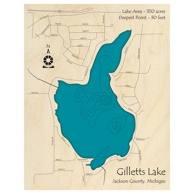 Bathymetric topo map of Gilletts Lake, MI with roads, towns and depths noted in blue water.