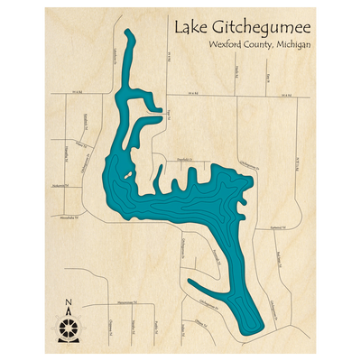 Bathymetric topo map of Lake Gitchegumee, MI with roads, towns and depths noted in blue water.