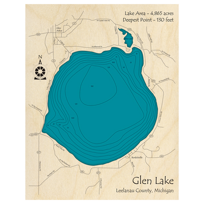 Bathymetric topo map of Glen Lake, MI with roads, towns and depths noted in blue water.