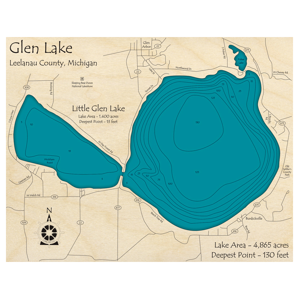 Bathymetric topo map of Glen Lake, MI with roads, towns and depths noted in blue water.