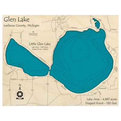 Bathymetric topo map of Glen Lake, MI with roads, towns and depths noted in blue water.