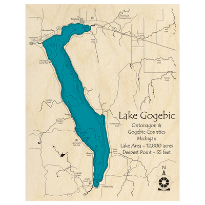 Bathymetric topo map of Lake Gogebic, MI with roads, towns and depths noted in blue water.