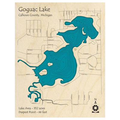 Bathymetric topo map of Goguac Lake, MI with roads, towns and depths noted in blue water.