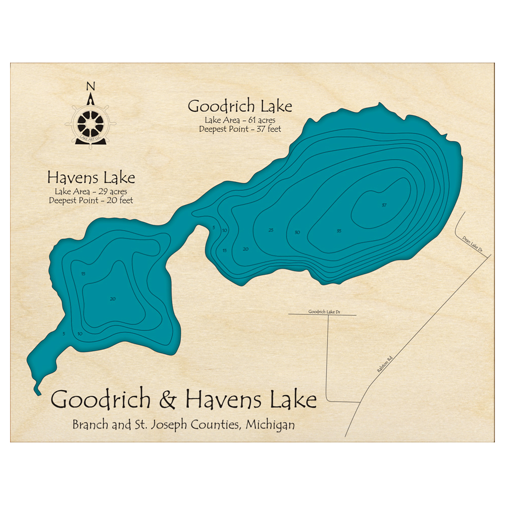 Bathymetric topo map of Goodrich Lake, MI with roads, towns and depths noted in blue water.