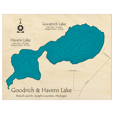 Bathymetric topo map of Goodrich Lake, MI with roads, towns and depths noted in blue water.