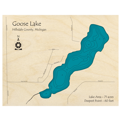 Bathymetric topo map of Goose Lake, MI with roads, towns and depths noted in blue water.