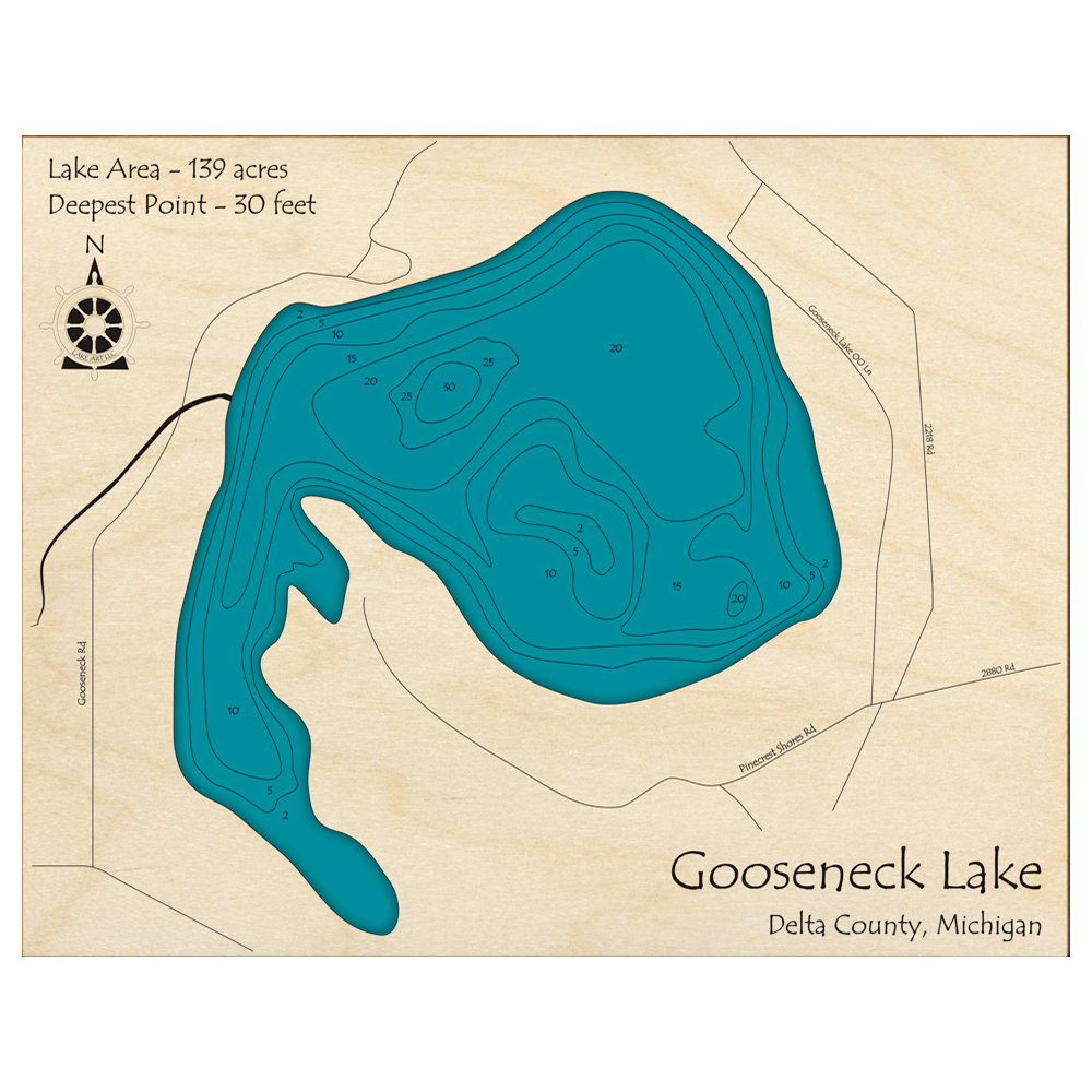 Bathymetric topo map of Gooseneck Lake, MI with roads, towns and depths noted in blue water.